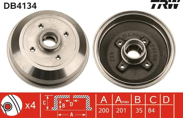 TRW DB4134 - Тормозной барабан parts5.com