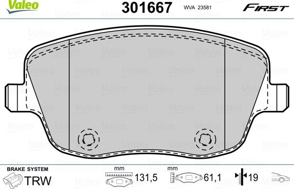 Valeo 301667 - Sada brzdových destiček, kotoučová brzda parts5.com