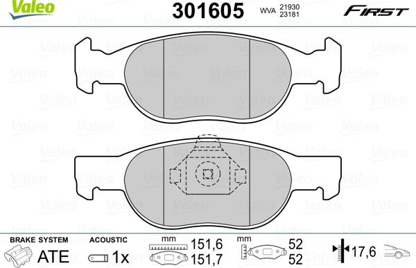 Valeo 301605 - Juego de pastillas de freno parts5.com