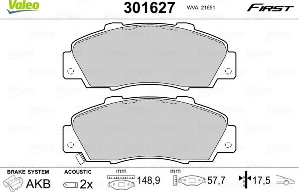 Valeo 301627 - Sada brzdových destiček, kotoučová brzda parts5.com