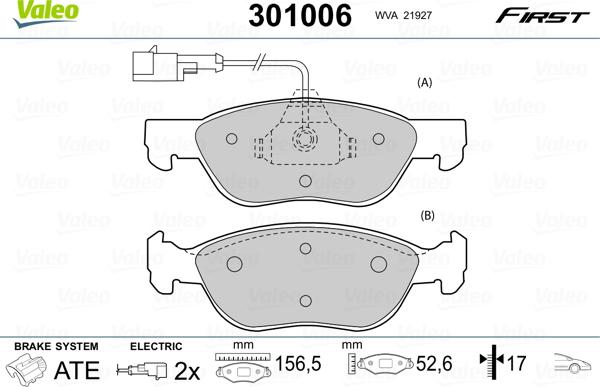 Valeo 301006 - Fren balata seti, diskli fren parts5.com