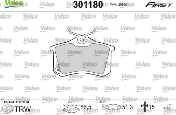 Valeo 301180 - Komplet kočnih obloga, disk kočnica parts5.com