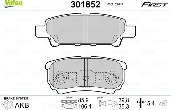 Valeo 301852 - Комплект спирачно феродо, дискови спирачки parts5.com