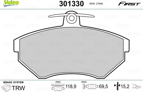 Valeo 301330 - Sada brzdových destiček, kotoučová brzda parts5.com