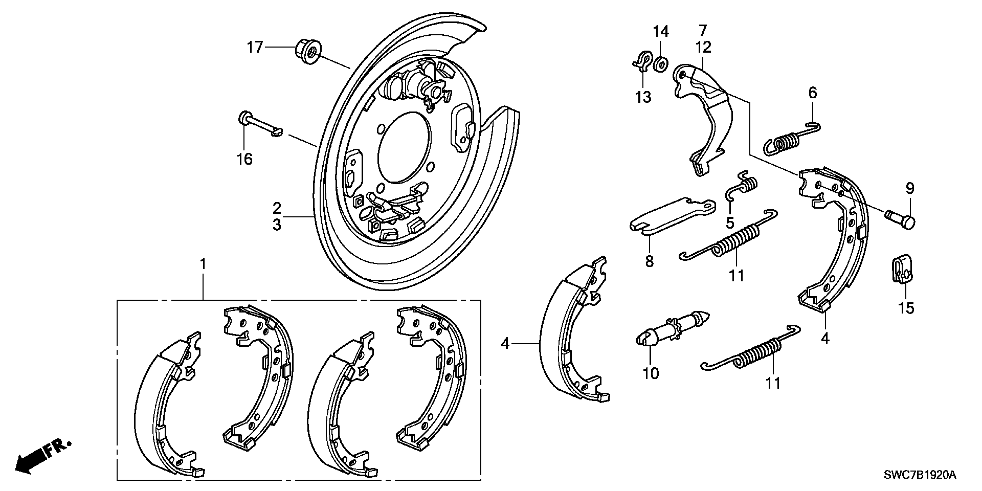 Honda 43154SWA003 - Fékpofakészlet, rögzítőfék parts5.com