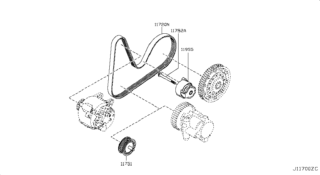 NISSAN 11955-00Q1F - Tendeur de courroie, courroie trapézoïdale à nervures parts5.com